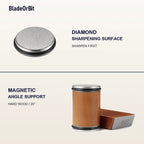Diamond sharpening surface and 20° magnetic angle support