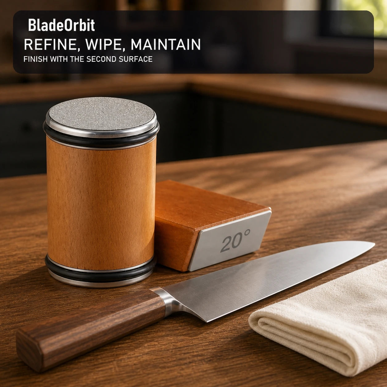 BladeOrbit rolling sharpener, kitchen knife and clean cloth ready for the refining step